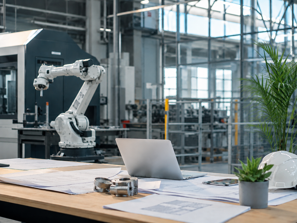 Postazione tecnica con laptop, progetti industriali e robotica per investimenti sostenibili 4.0