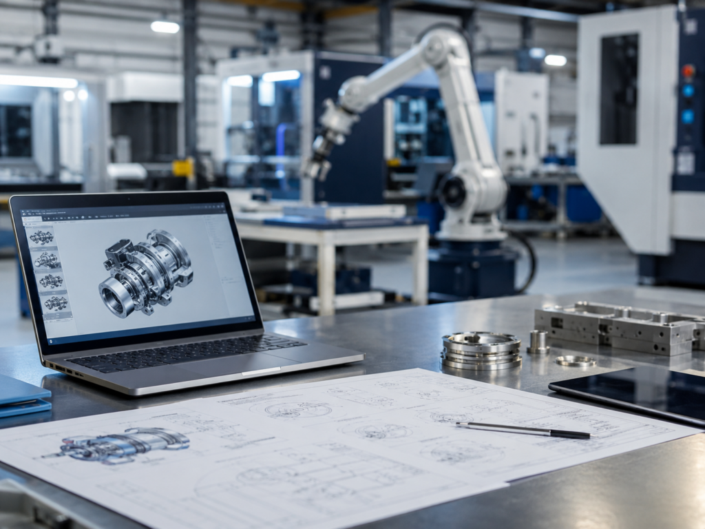 Postazione tecnica con laptop, progetti e macchinari per investimenti PMI Nuova Sabatini